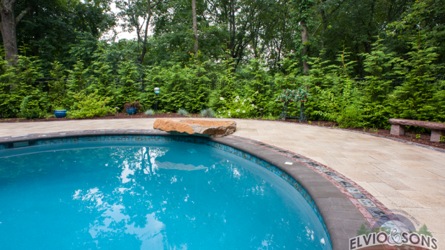 A custom in-ground gunite pool with coping and diving rock.