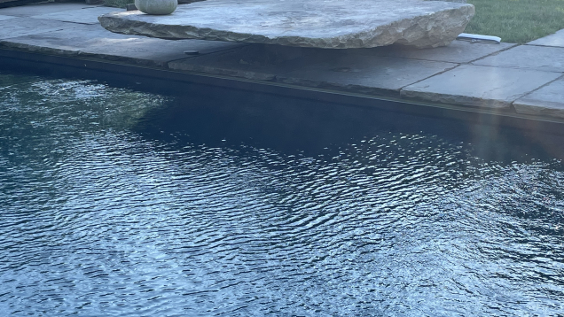 A custom diving rock beside a gunite pool.